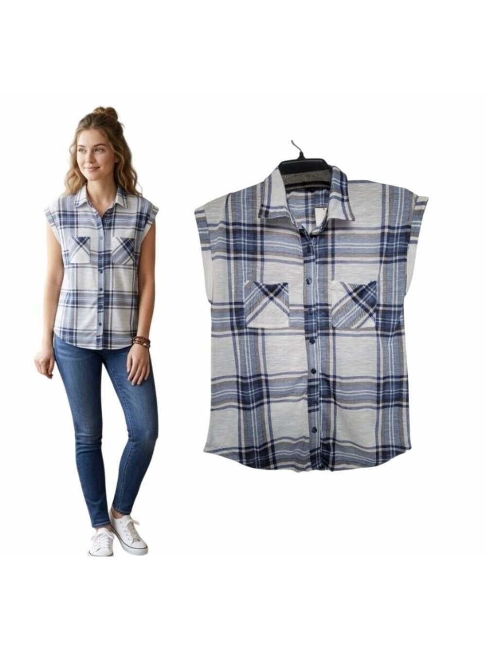 Derek Heart Womens Sz S Blue White Plaid Button Down Sleeveless Shirt Pocket Top